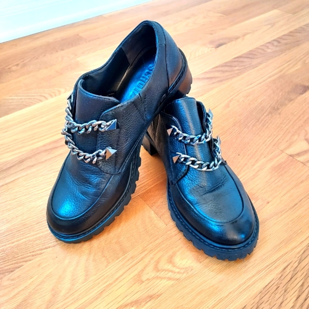 SCHUTZ Black Leather Chain-Trim Loafers